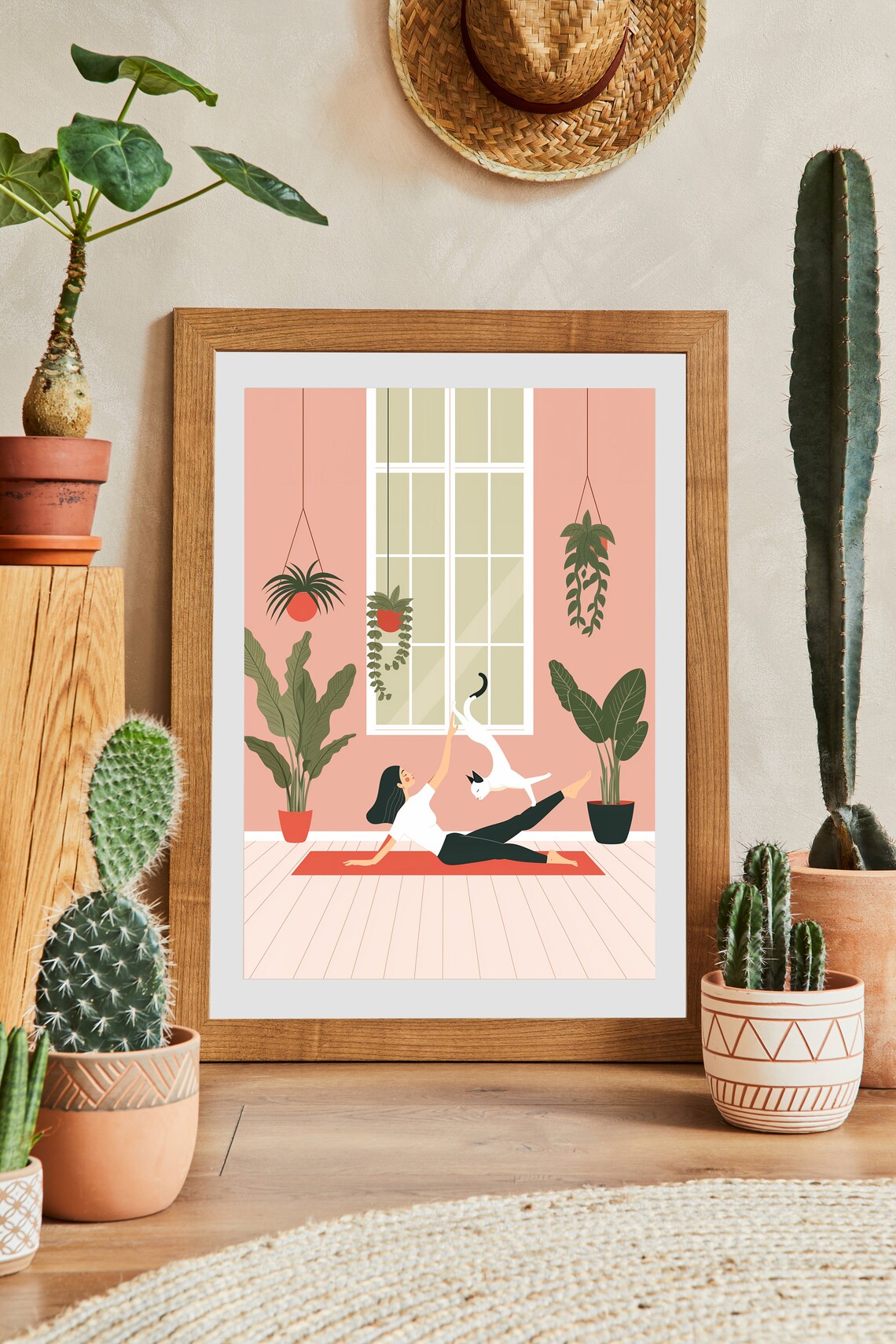 Woman Doing Yoga With White Cat Playful Modern Yoga Room Decor Poster - Image 3