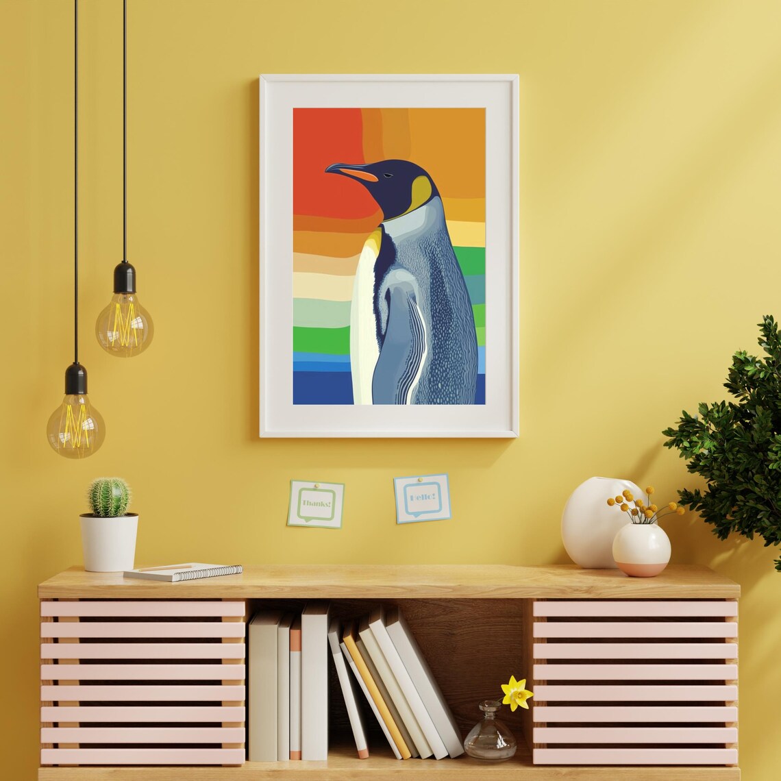 King Penguin Portrait Rainbow Sunset Colorful Pop Art Style Poster - Image 2