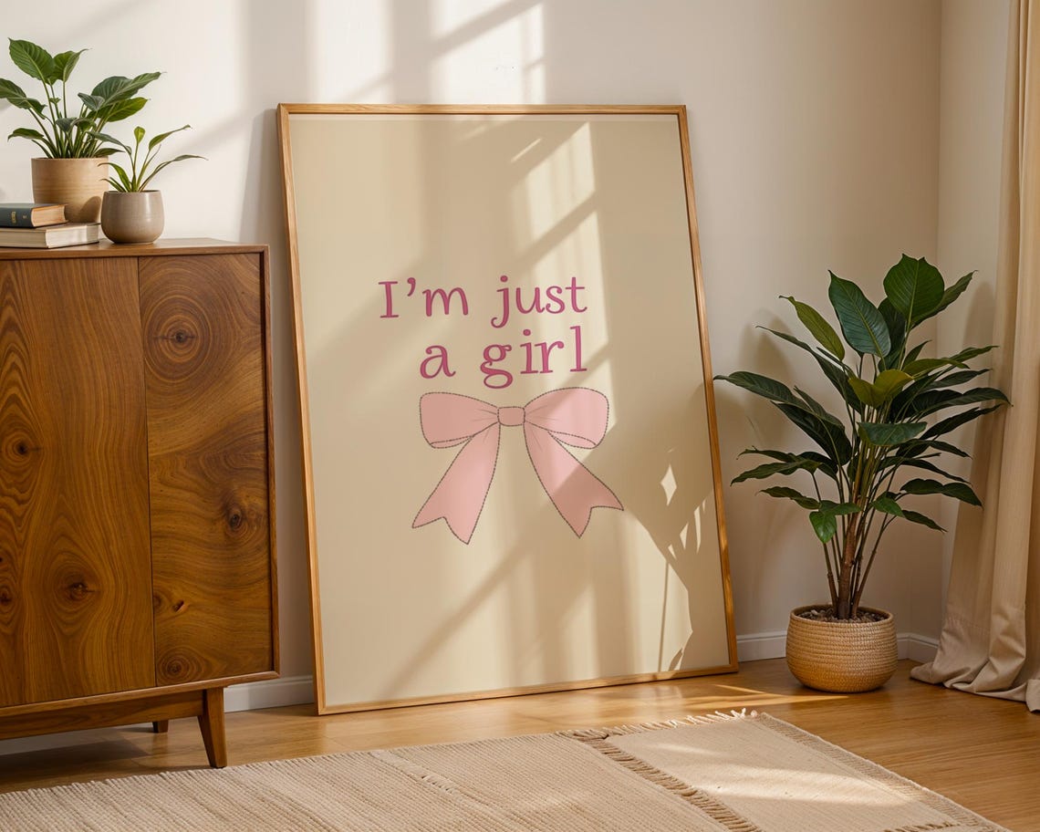 I'm Just a Girl Pink Bow Cream Coquette Minimalist Quote Poster - Image 3