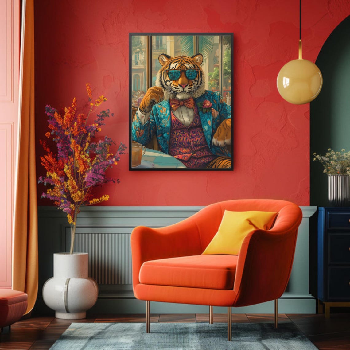 Cool Tiger In Sunglasses And Suit Sipping Coffee At A Cafe Poster - Image 2