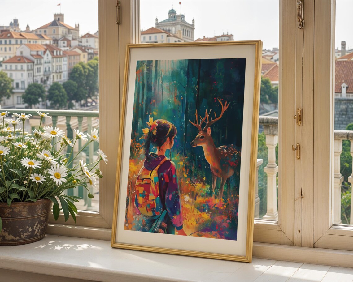 Girl And Stag Fairytale Poster Magical Glowing Forest Meeting Scene - Image 2