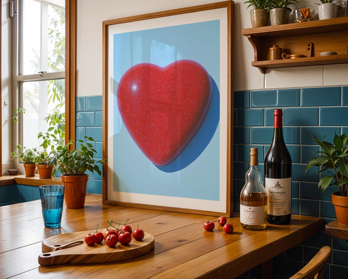 Glossy Red 3D Heart on Blue Pop Art Minimal Love Decor Poster - Image 2