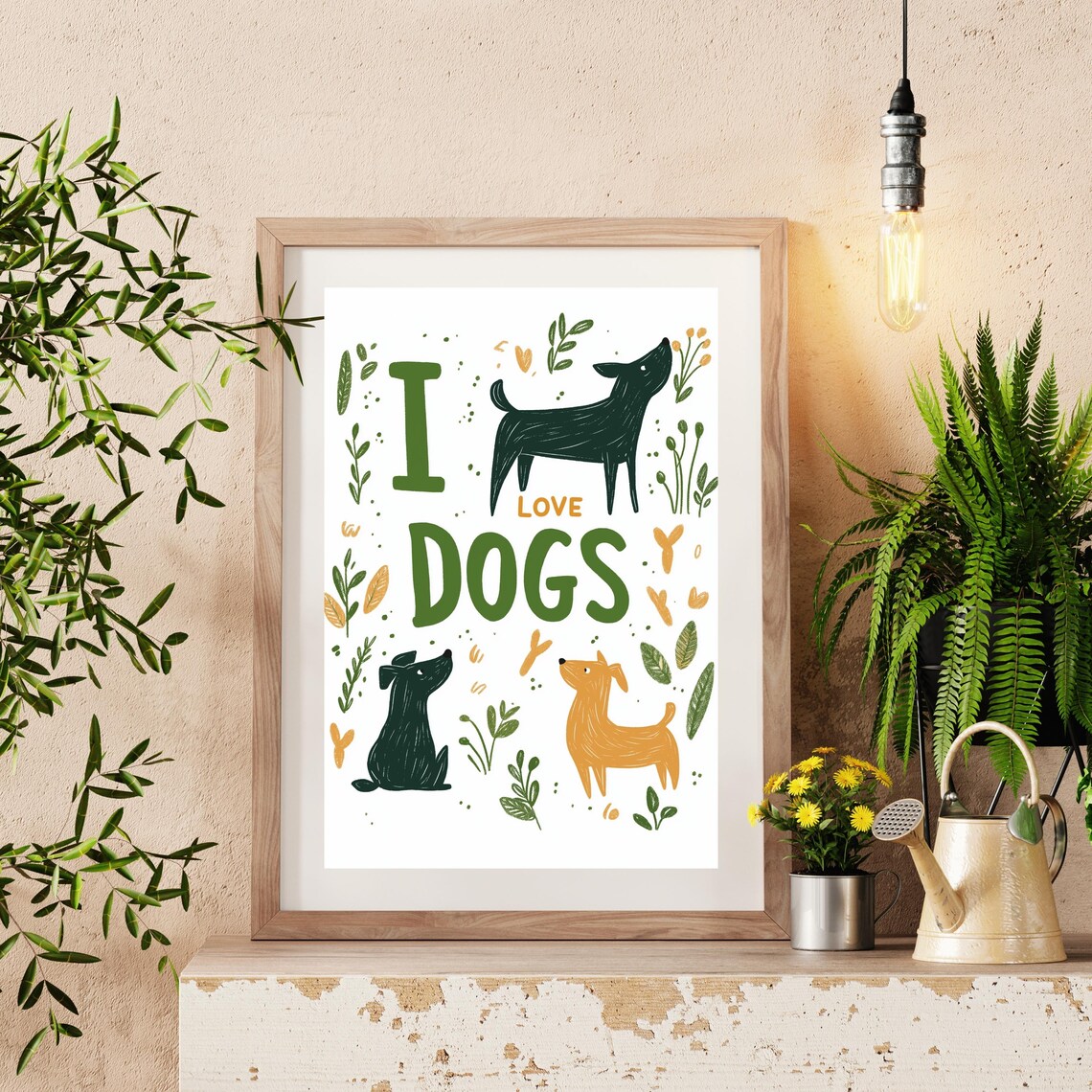 I Love Dogs Illustrated Puppy Trio Green Botanical Dog Poster - Image 3