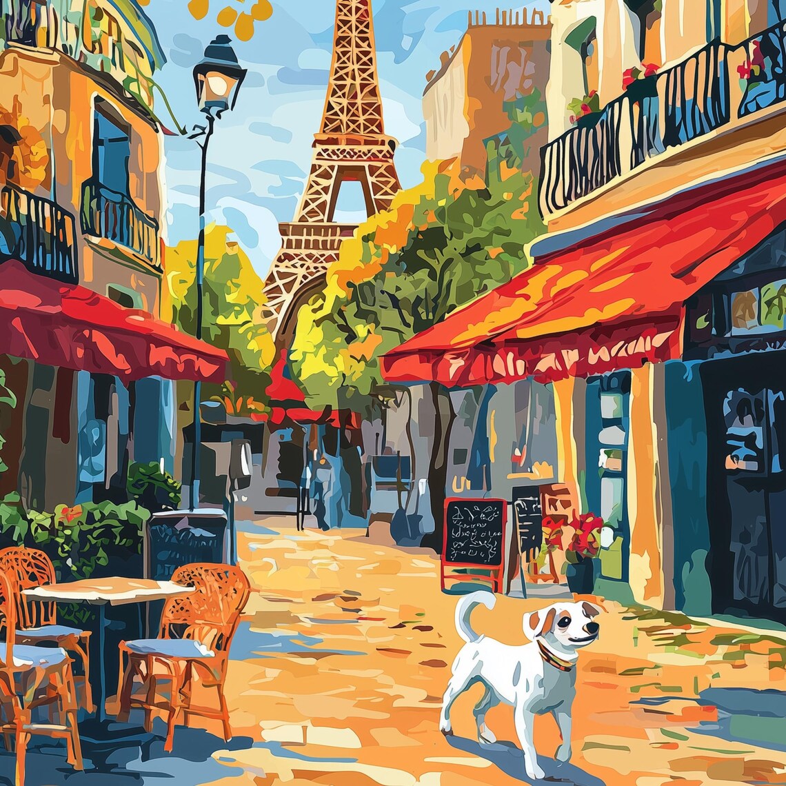 Paris Eiffel Tower Street Poster White Dog Cafe Colorful Travel Art - Image 3