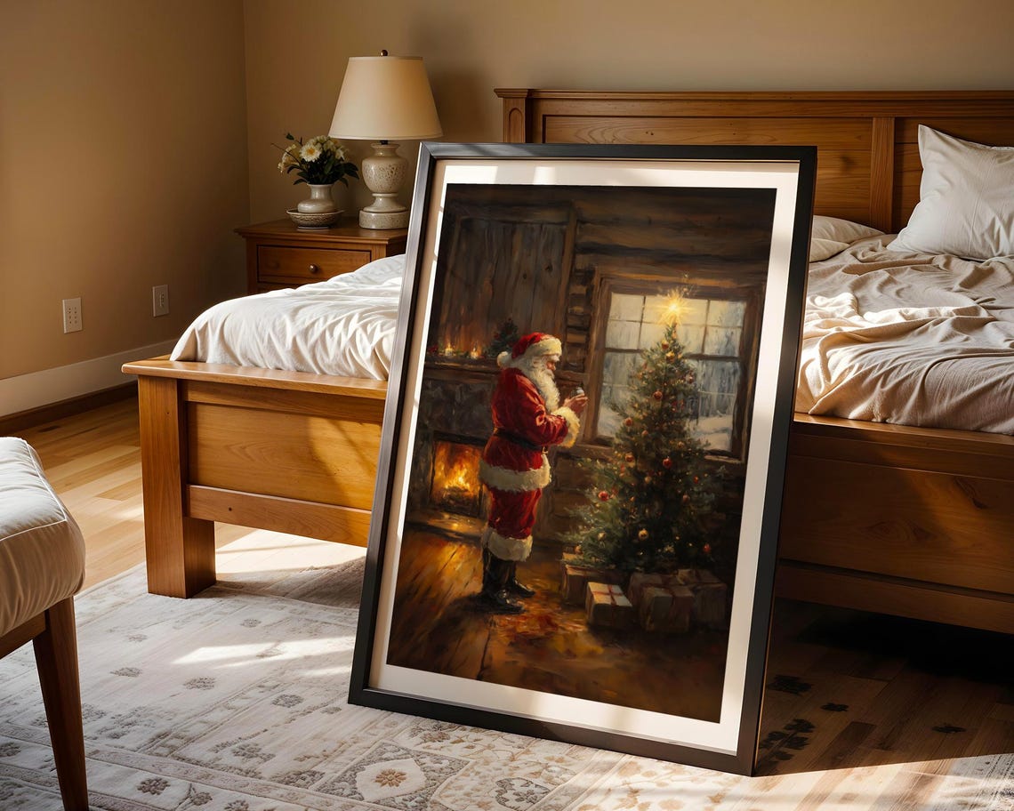 Santa Claus Decorating Christmas Tree by Fireplace Vintage Oil Poster - Image 2