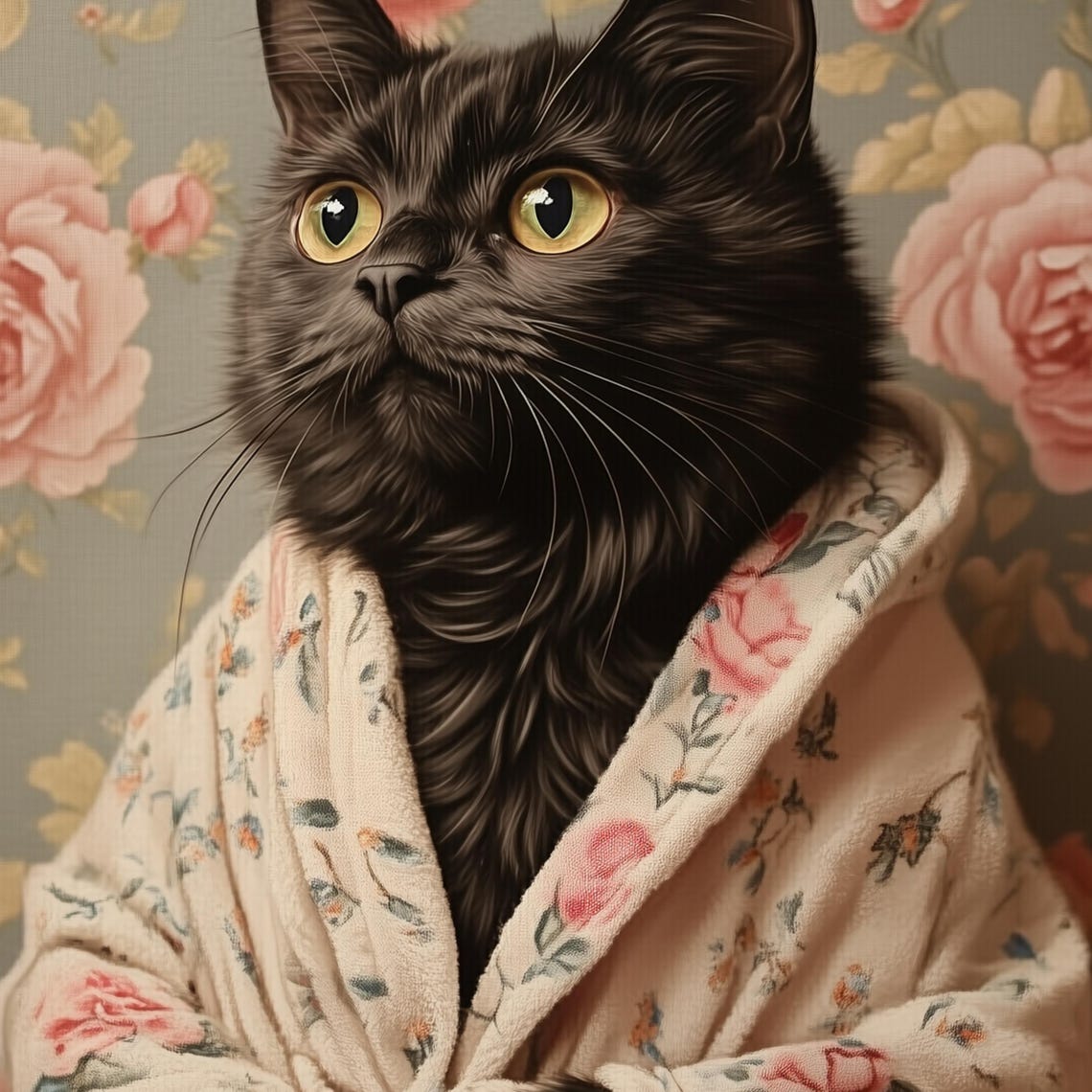 Black Cat In A Floral Bathrobe Vintage Rose Wallpaper Cute Pet Poster - Image 3