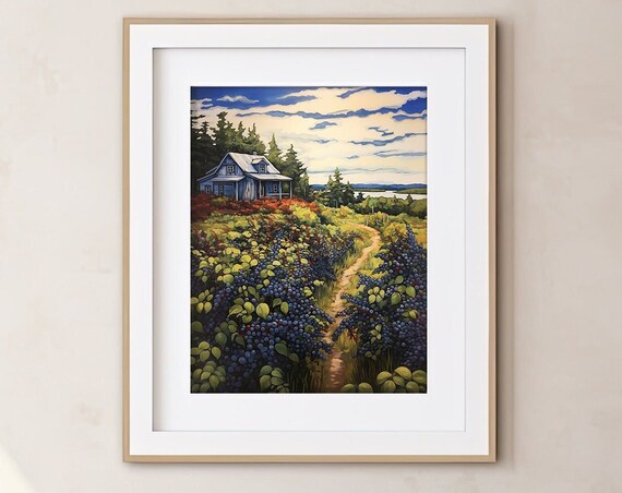 Blueberry Farm Path Coastal Cottage Watercolor Vertical Art Print Poster