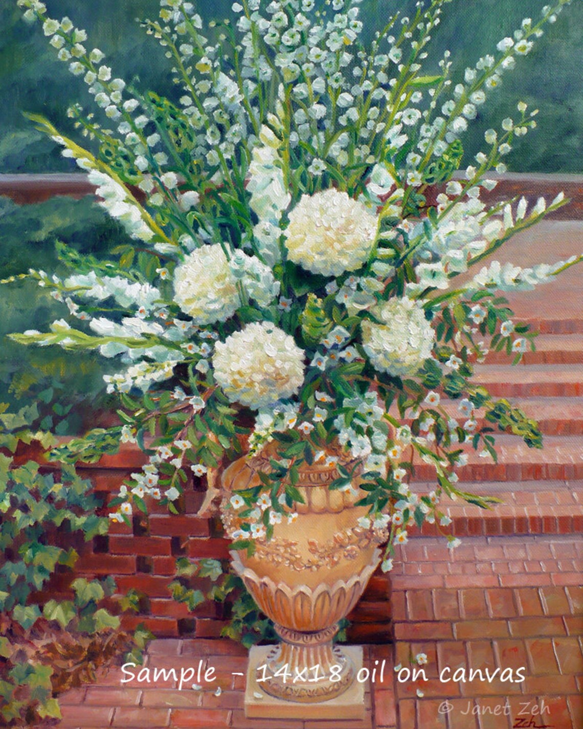 White Flower Arrangement Stone Urn Brick Steps Oil Painting Art Poster