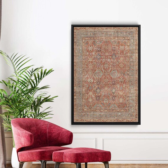 Rust Orange Turkish Kilim Rug Ornate Pattern Framed Canvas Wall Art