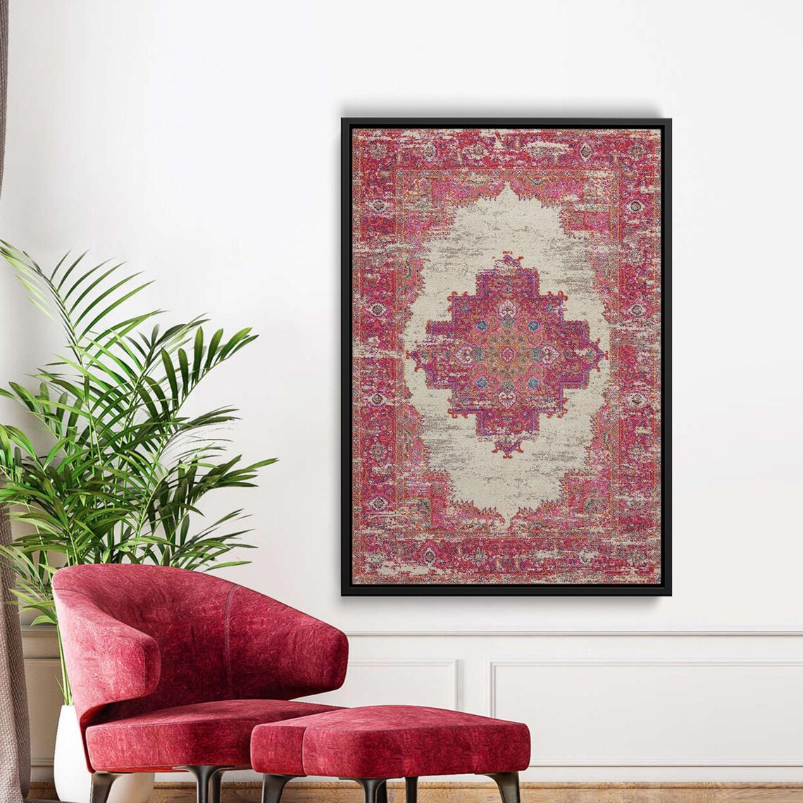 Crimson Red Turkish Kilim Rug Medallion Framed Canvas Wall Art