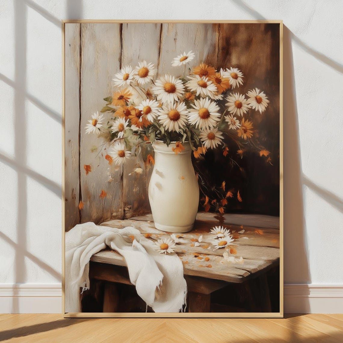 Vintage Daisy Bouquet Oil Painting Rustic Floral Still Life Print