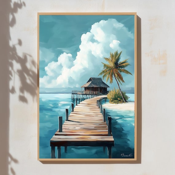 Tropical Wooden Pier Island Hut Palm Tree Turquoise Ocean Art Poster