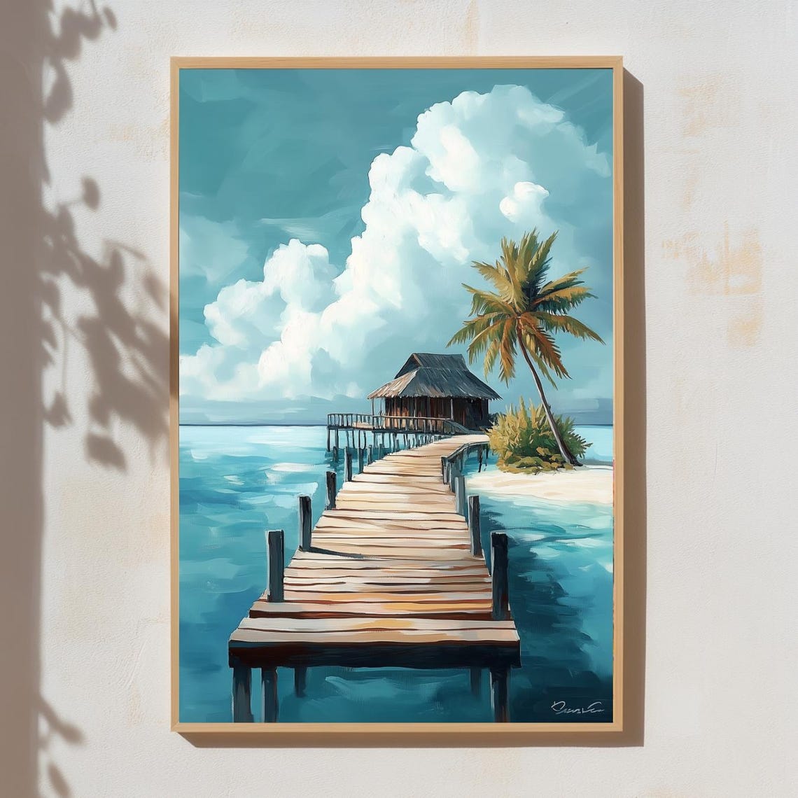 Tropical Wooden Pier Island Hut Palm Tree Turquoise Ocean Art Poster