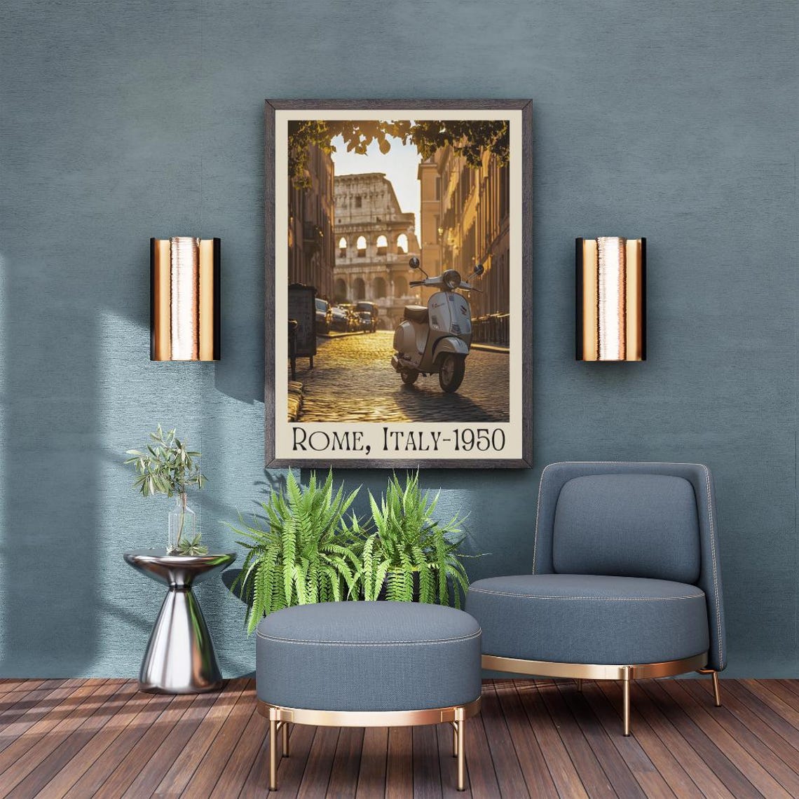 Rome Italy 1950 Poster with White Vespa Scooter and the Colosseum - Image 5