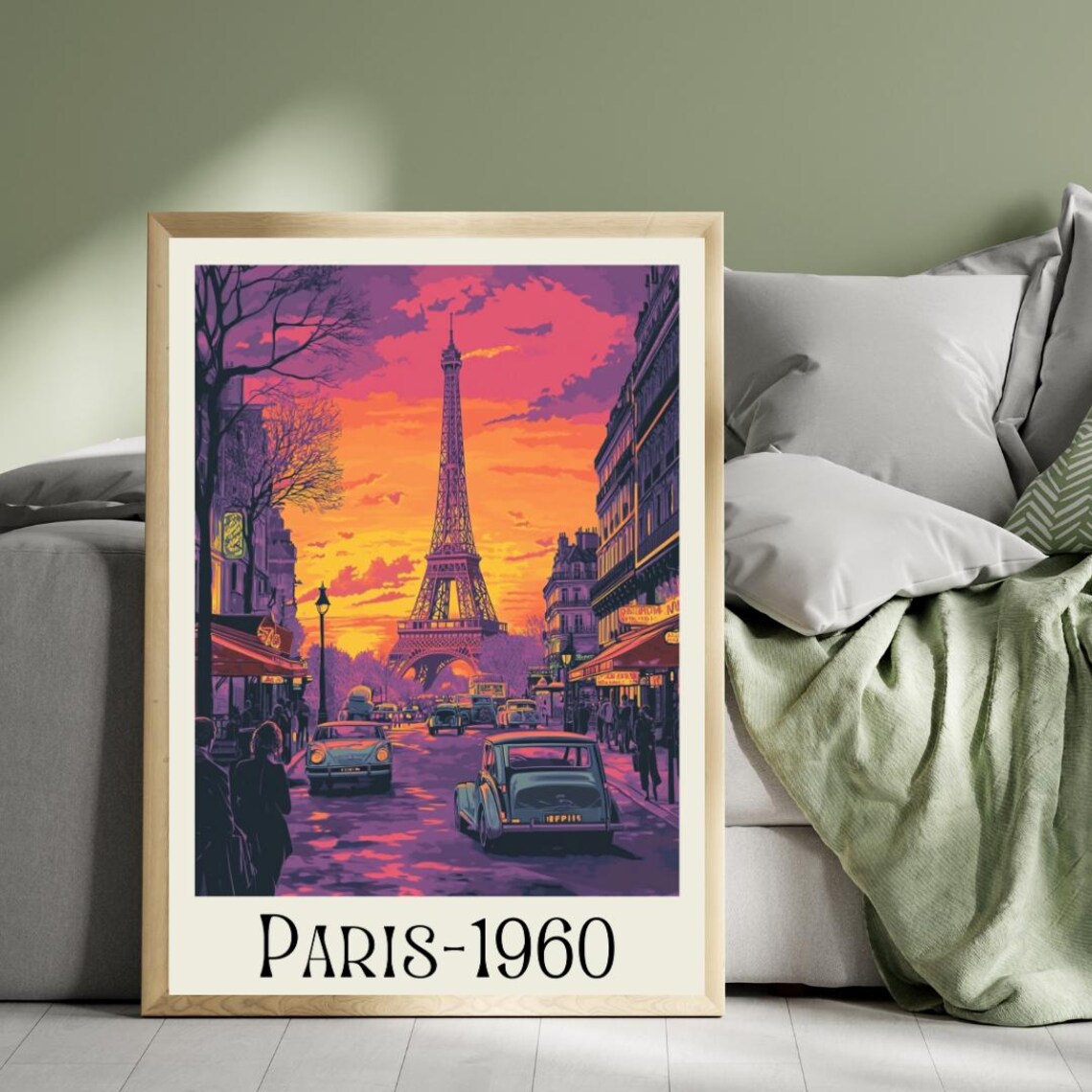 Paris 1960 Retro Poster with Eiffel Tower at Sunset and Vintage Cars