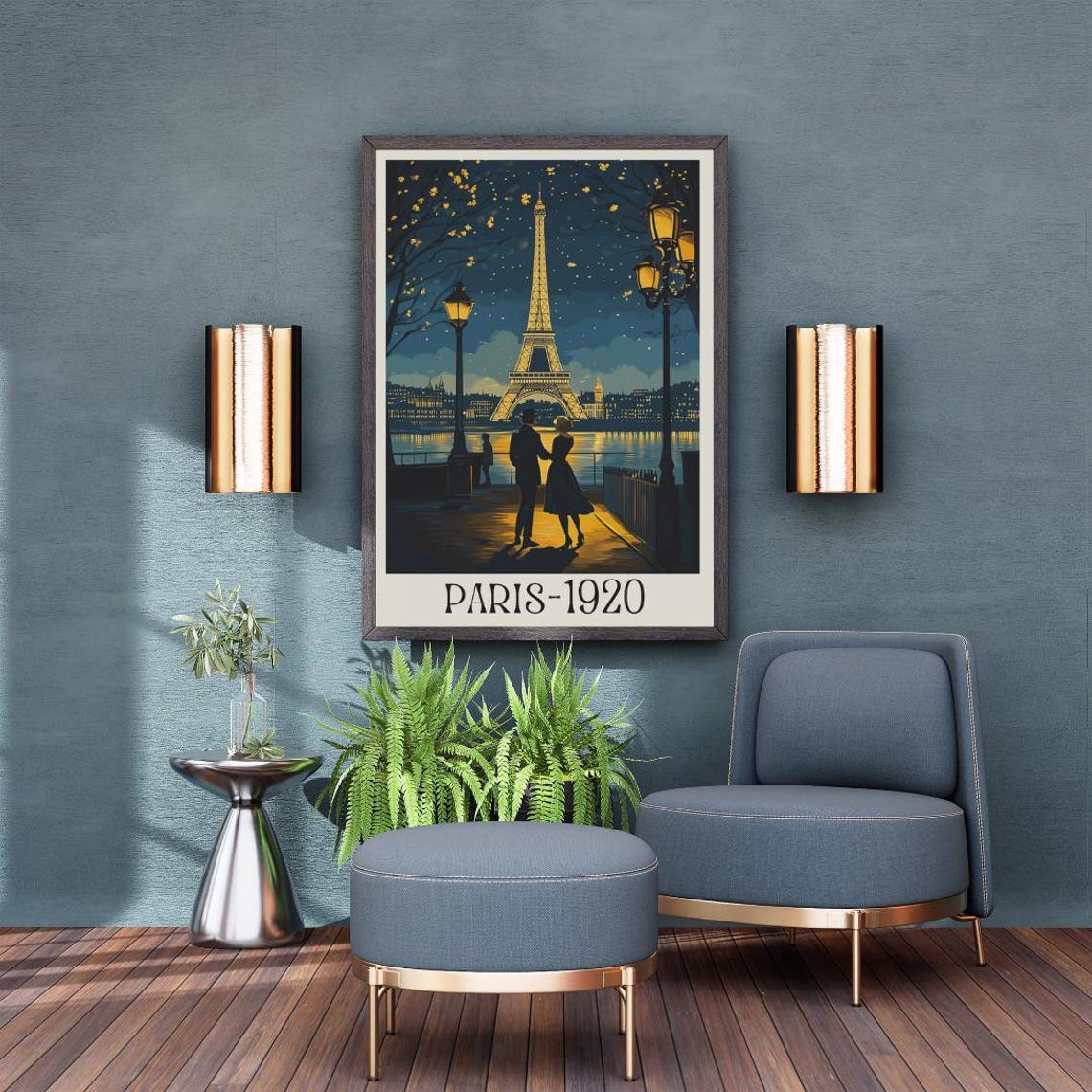Paris 1920 Retro Poster with Night Eiffel Tower and Strolling Couple - Image 5