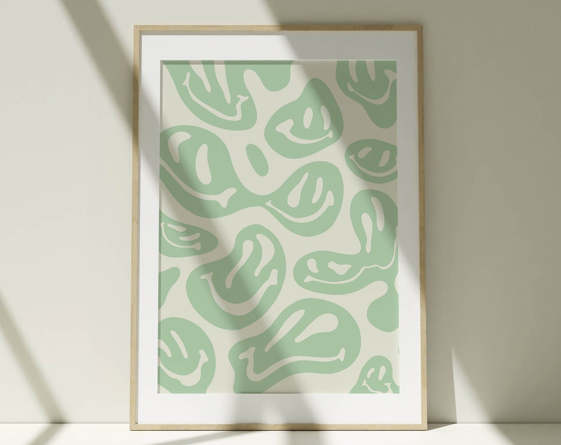 Sage Green Wavy Smiley Faces Trippy Retro Abstract Art Poster