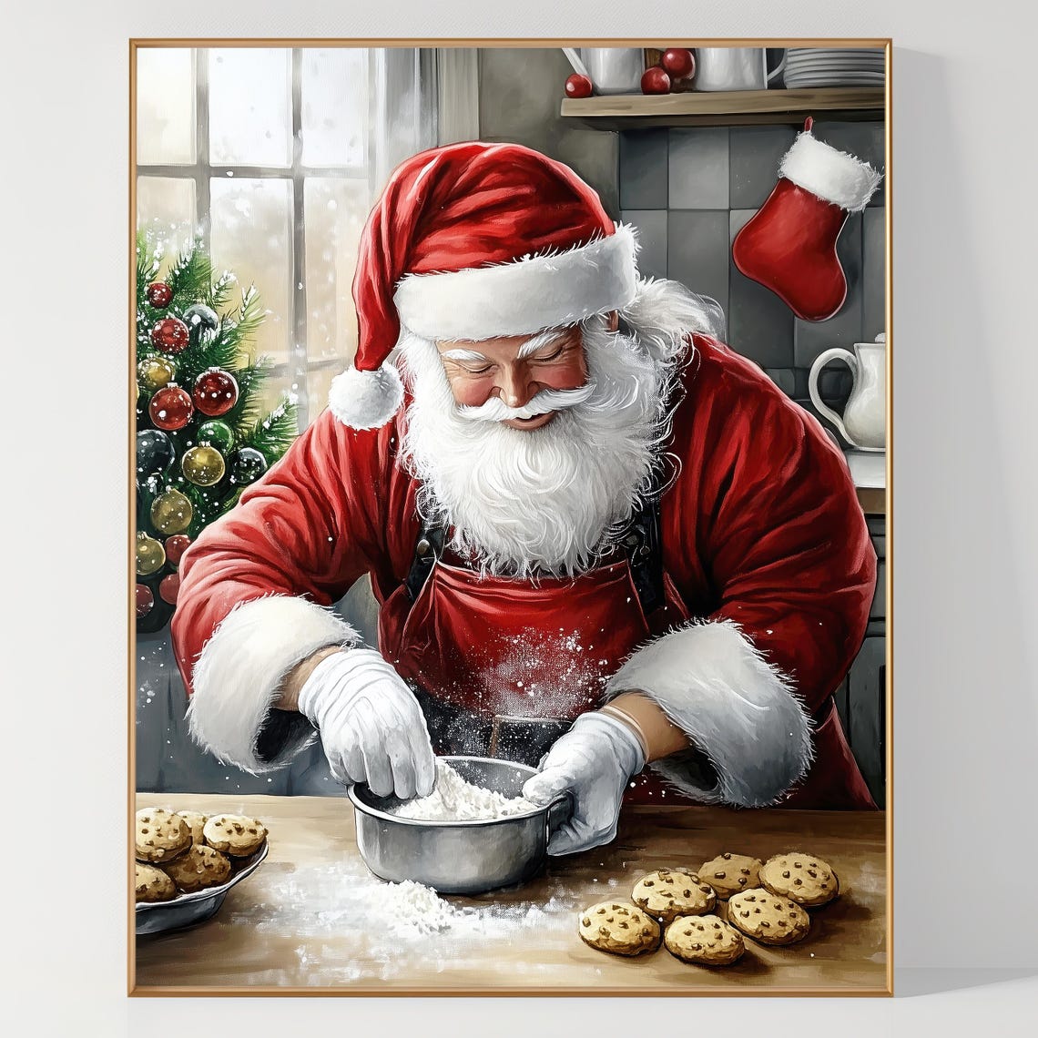Santa Claus Baking Christmas Cookies in a Cozy Kitchen Poster