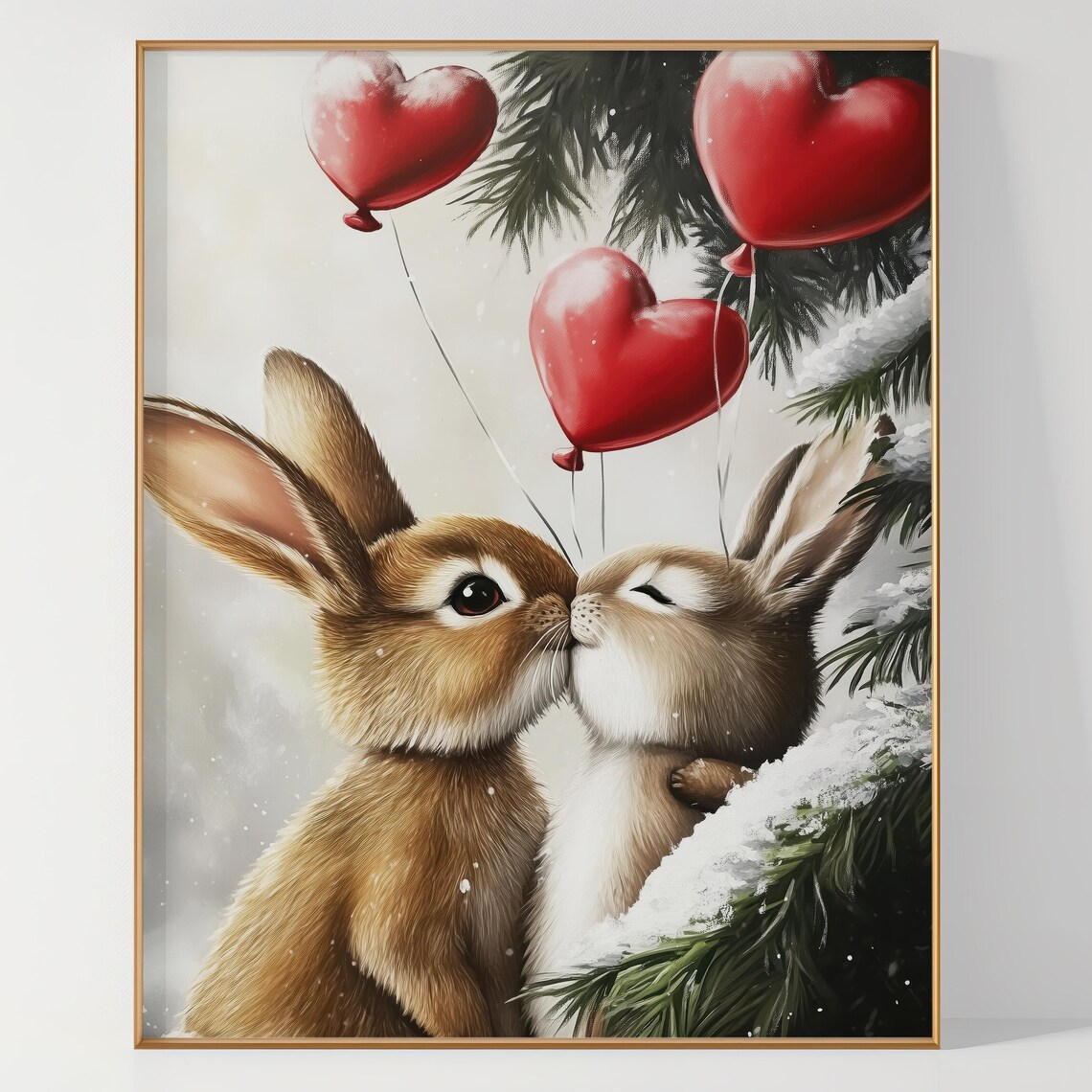 Kissing Bunny Couple With Red Heart Balloons Winter Art Poster