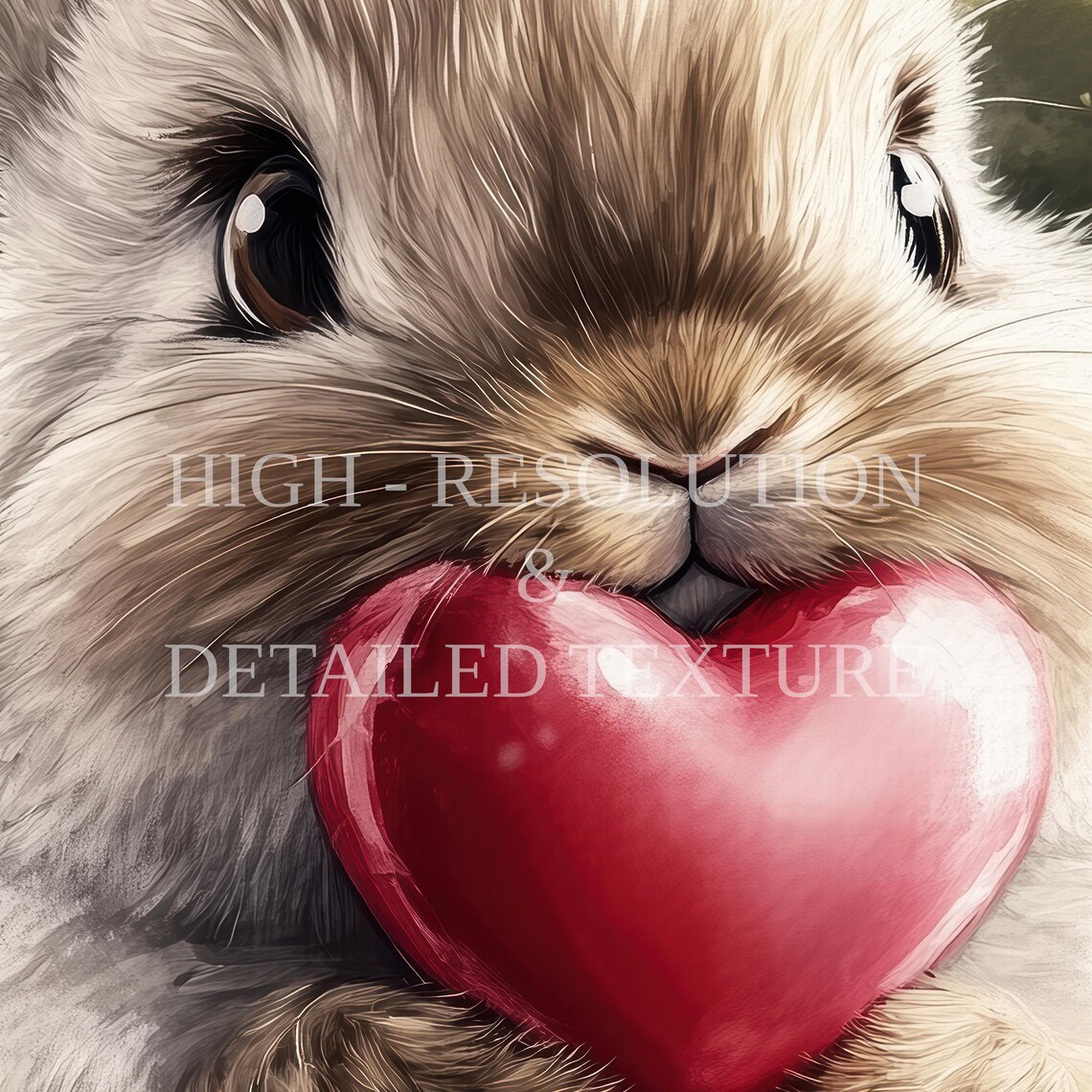Fluffy Bunny Holding Red Heart Among Roses Valentine Art Poster - Image 2