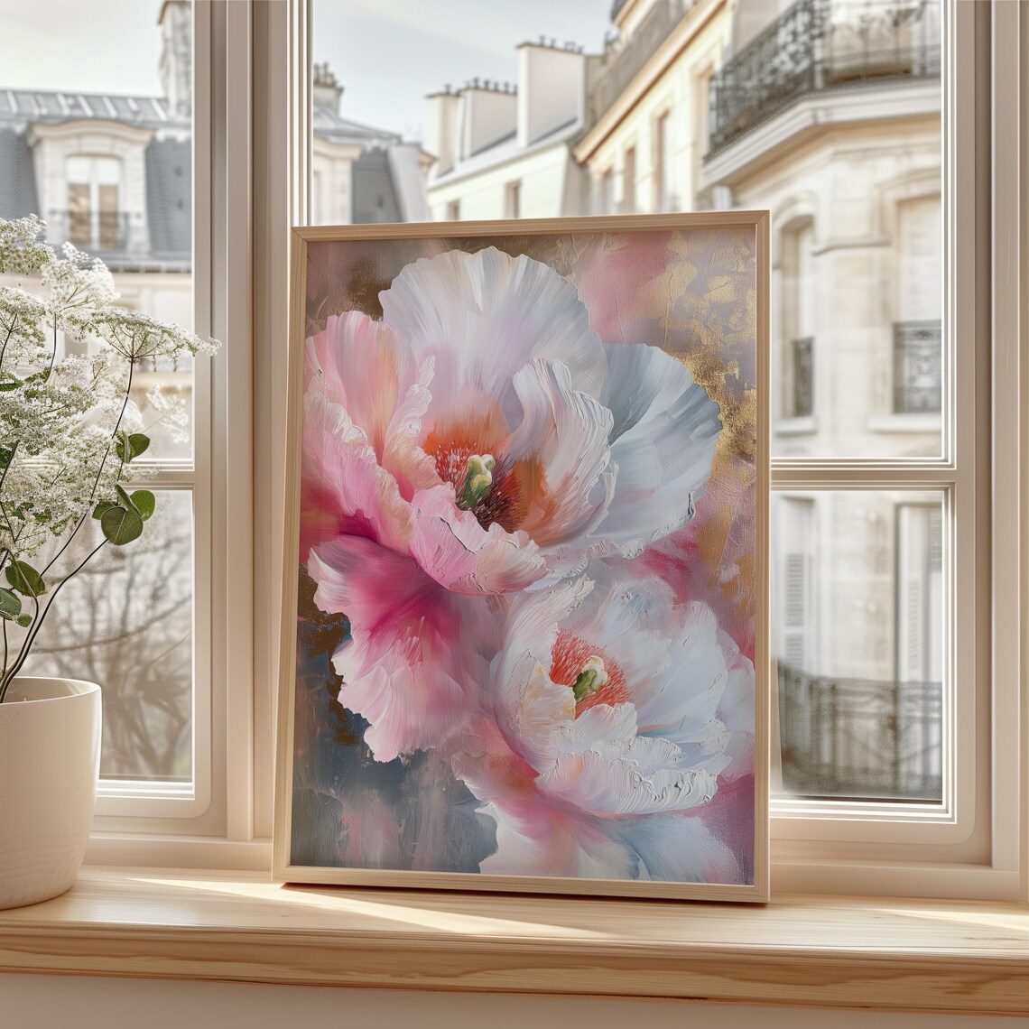 Pink and White Peony Blossoms Gold Accent Oil Painting Poster - Image 2