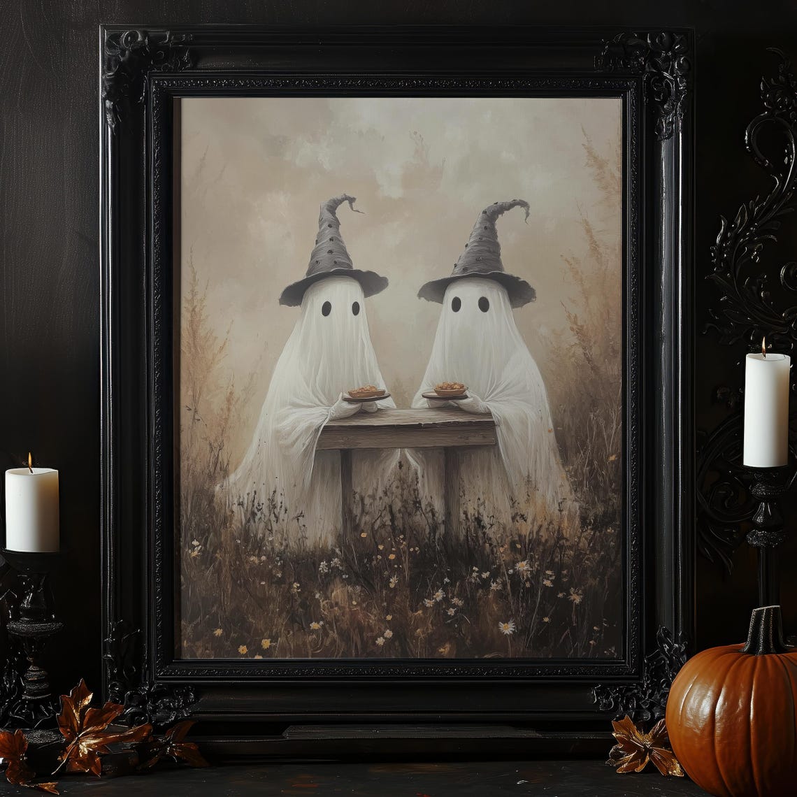 Two Cute Ghosts in Witch Hats Sharing Pie Vintage Halloween Poster - Image 4