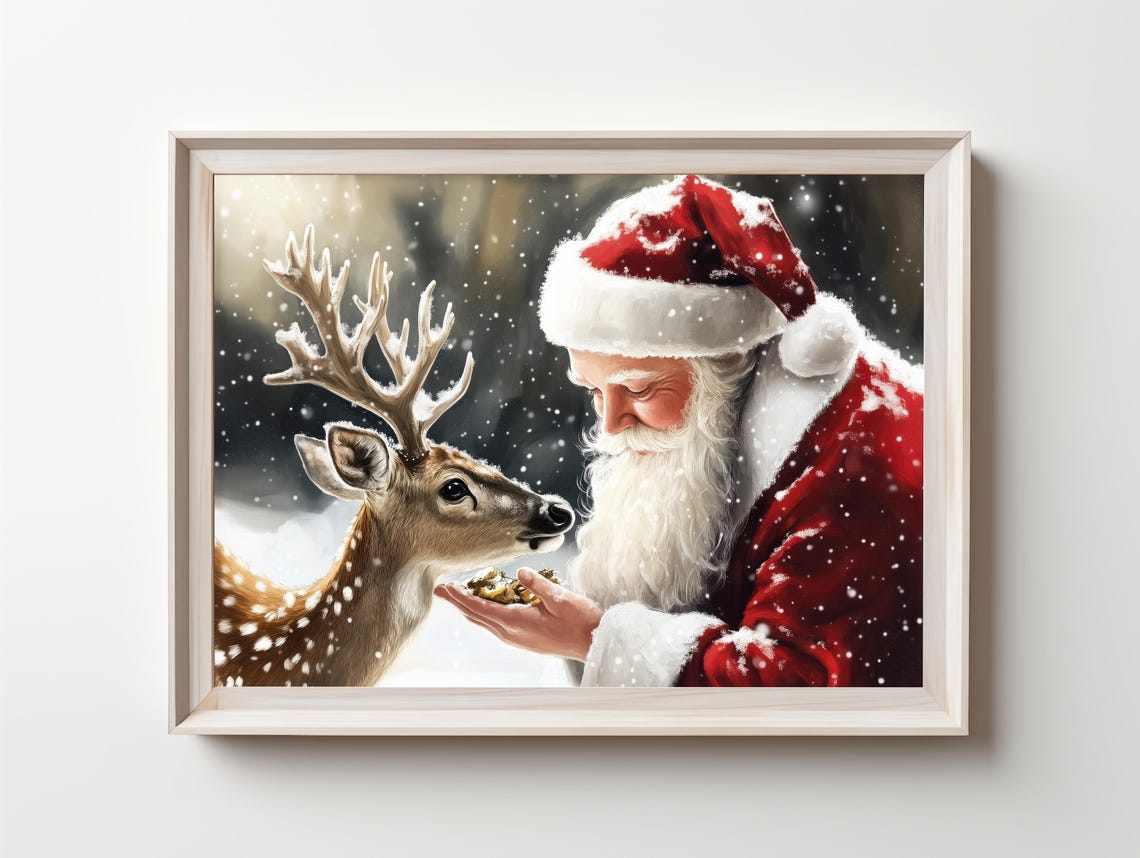 Santa Claus Hand Feeding a Gentle Deer in Falling Snow Poster