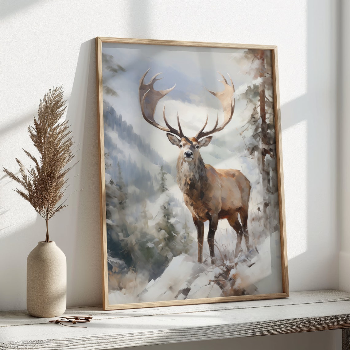 Majestic Stag with Large Antlers in Snowy Mountains Painting Poster - Image 4