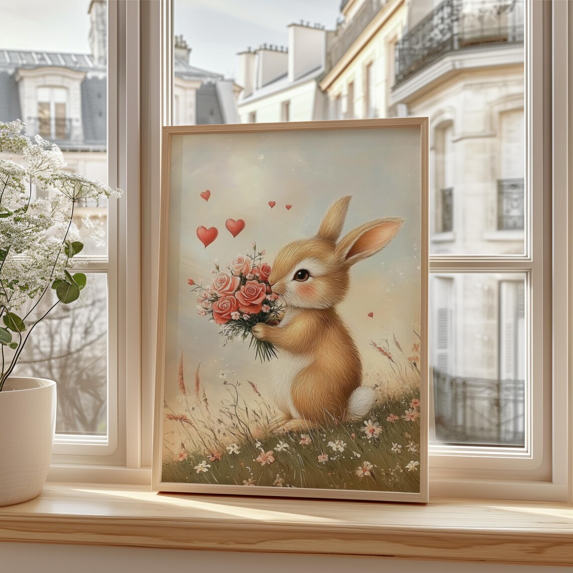 Bunny Holding Pink Rose Bouquet in Wildflower Meadow Art Poster - Image 3