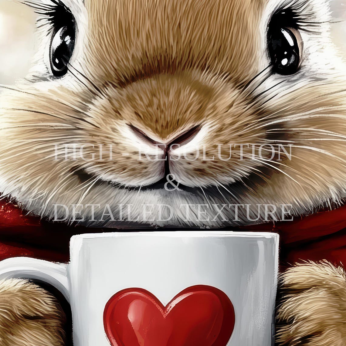 Bunny in Heart Scarf Drinking Cocoa Cafe Valentine Art Poster - Image 2