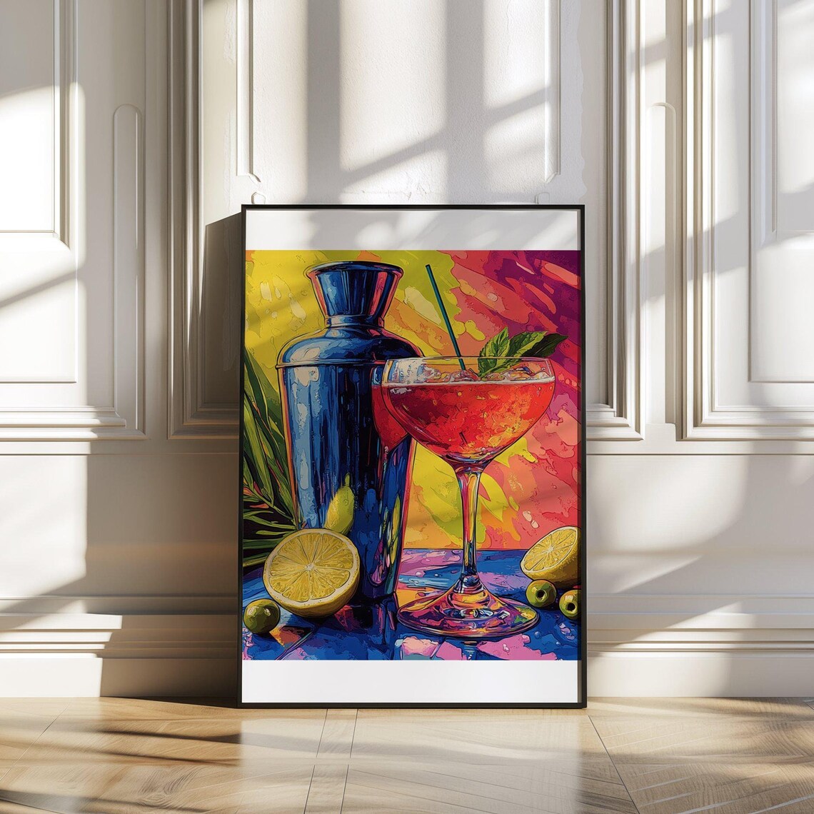 Pop Art Cocktail Shaker and Red Coupe Vintage Home Bar Poster