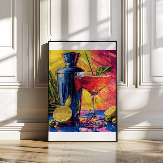 Pop Art Cocktail Shaker and Red Coupe Vintage Home Bar Poster