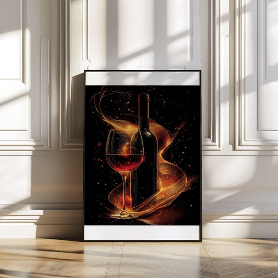 Wine Bottle and Glass in Golden Smoke on Black Kitchen Poster