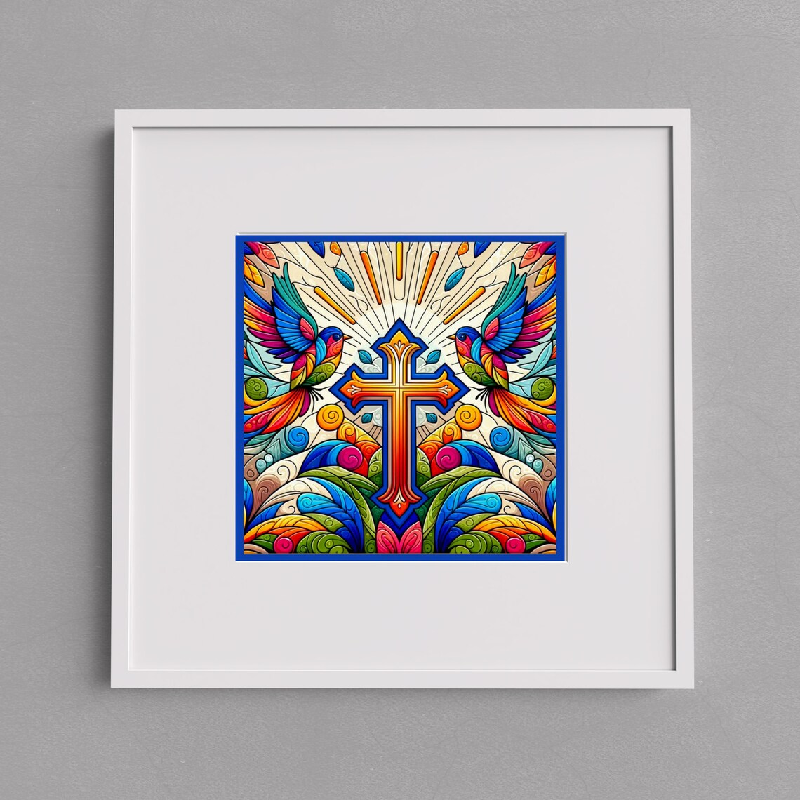Ornate Folk Cross with Twin Songbirds in Radiant Sunbeams Wall Art - Image 3