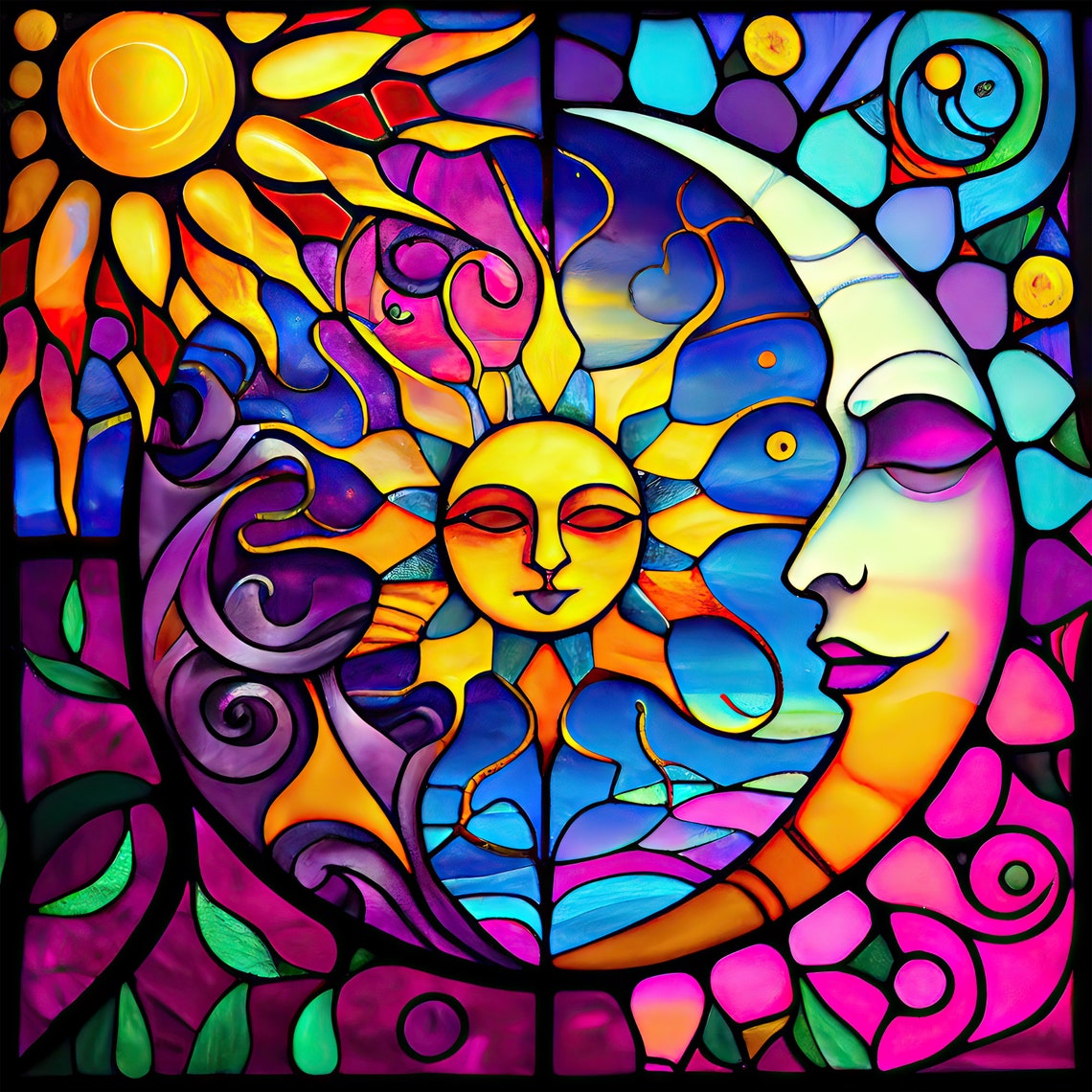 Colorful Sun And Moon Stained Glass Effect Ceramic Tile Birthday Gift Celestial Art Sun And Moon Art Handmade Wall Decor Trivet - Image 4