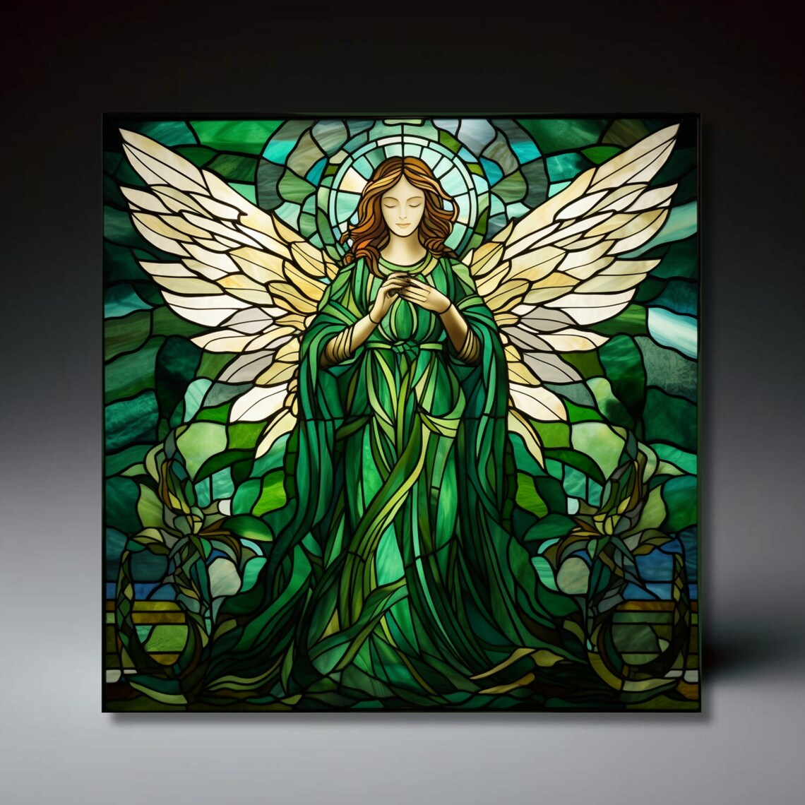 Emerald Green Stained Glass Angel Praying Religious Wall Art