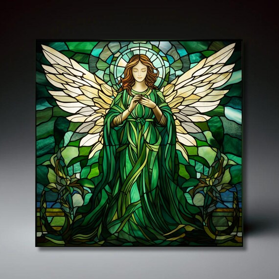 Emerald Green Stained Glass Angel Praying Religious Wall Art