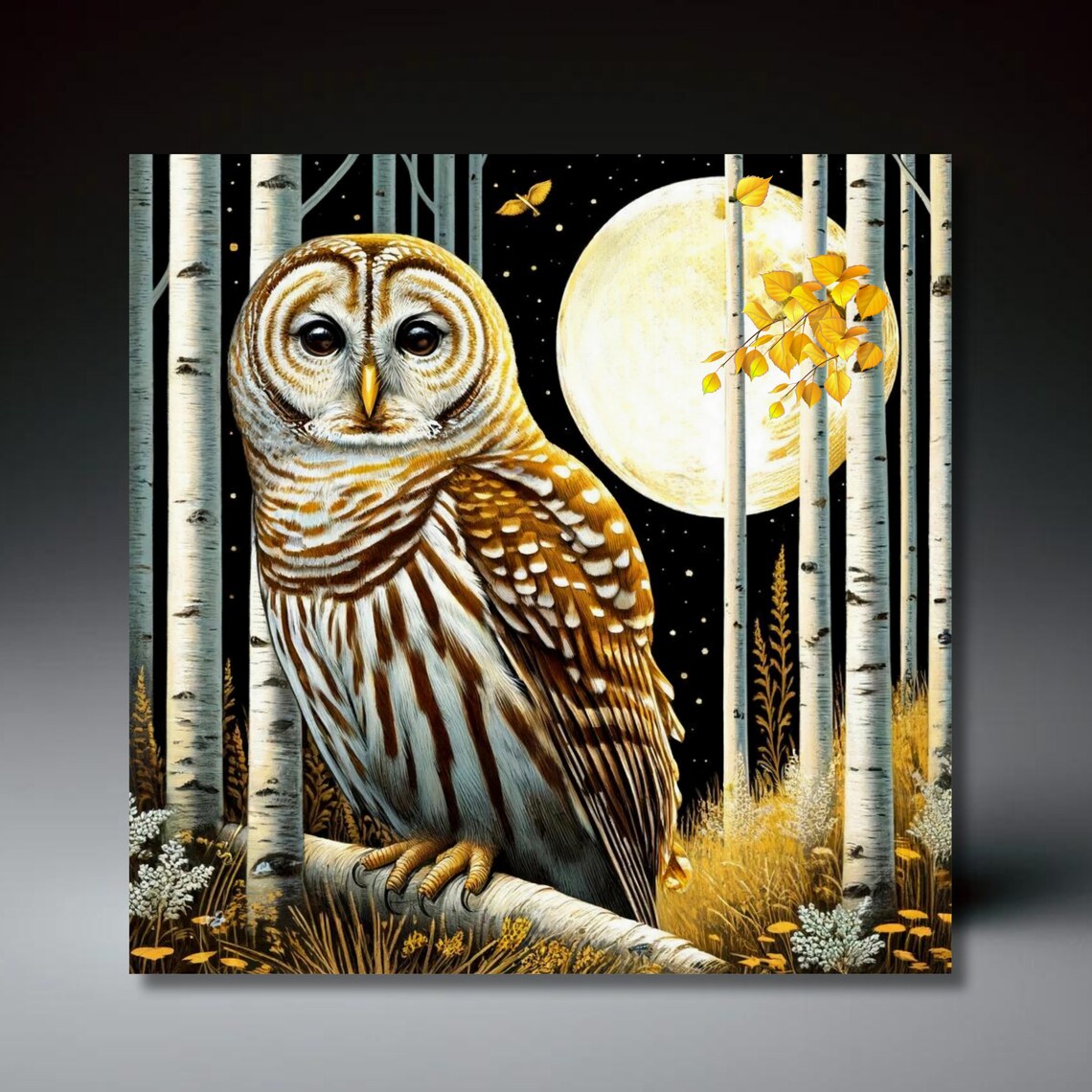 Barred Owl in Birch Trees Wall Art Print, Owl Decor