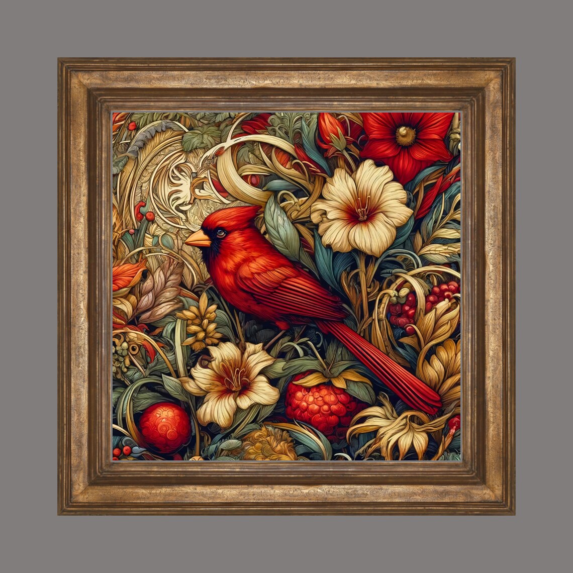 William Morris-Inspired Red Cardinal Nouveau Art Print - Image 3