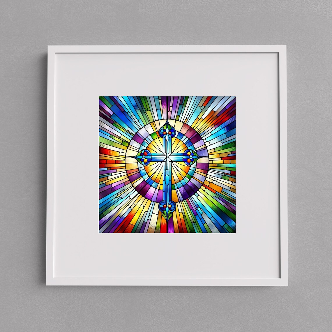 Rainbow Sunburst Cross Mandala Colorful Stained Glass Art Wall Art - Image 3