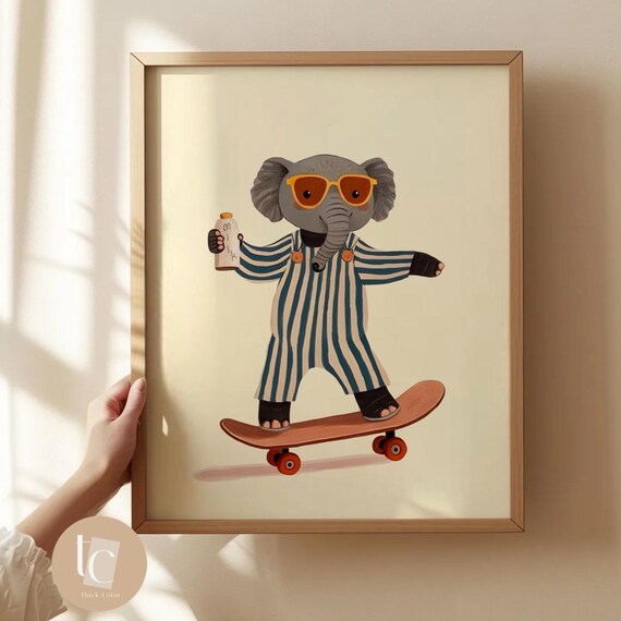 Elephant Skateboarding With Baby Milk Bottle Nursery Wall Art Retro Kids Print Funny Decor Silliest Goose Around