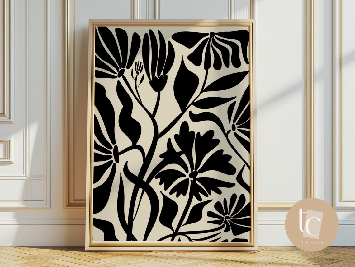 Black Wavy Botanical Stems and Flowers Silhouette on Cream Poster