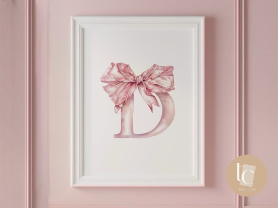 Baby Initial Pink D Watercolor Nursery Vintage Bow Print Ribbon Wall Art Prints Girl Decor Alphabet
