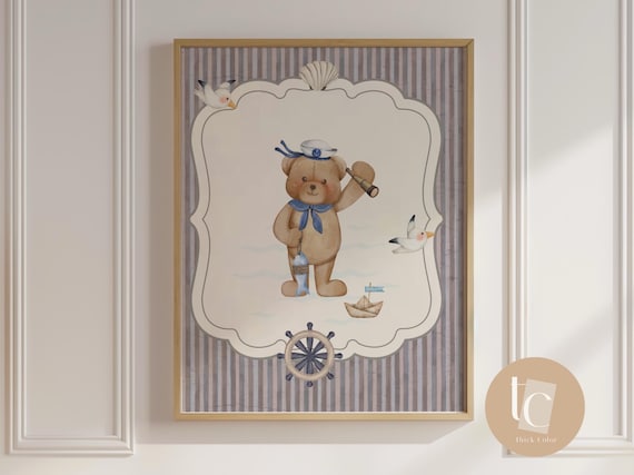 Sailor Teddy Bear Telescope Ship Wheel Kids Nursery Nautical Room Poster