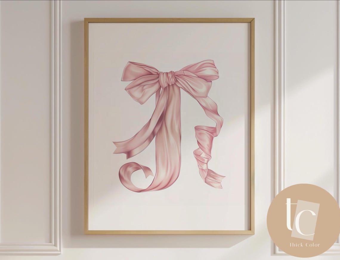 Blush Pink Satin Bow Letter J Watercolor Nursery Initial Silk Poster
