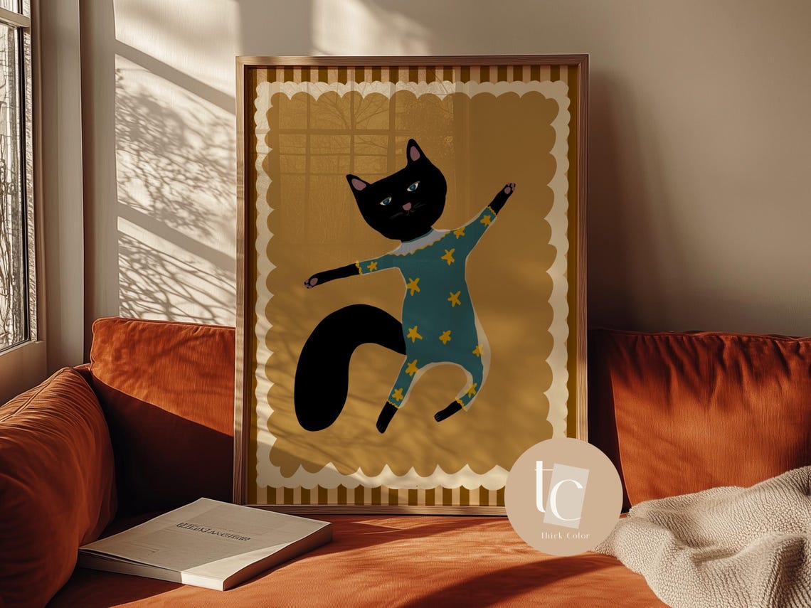 Dancing Black Cat In Star Onesie Retro Nursery Playful Kids Art Poster
