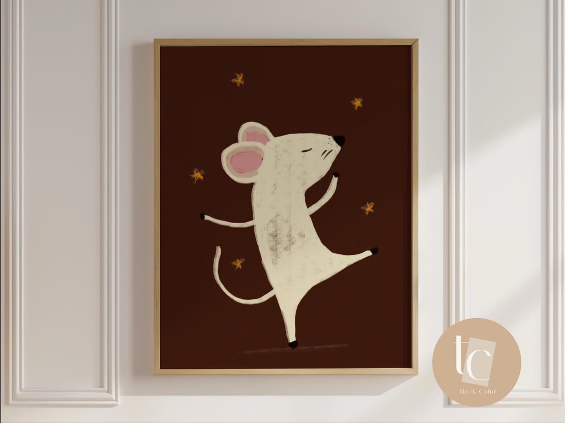 Little Dancing Mouse Under Golden Stars Retro Nursery Wall Poster
