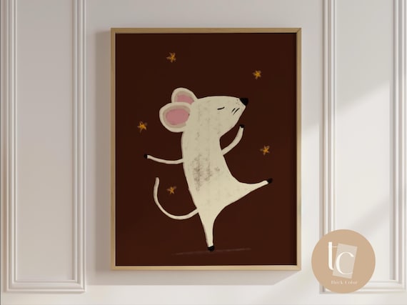 Little Dancing Mouse Under Golden Stars Retro Nursery Wall Poster