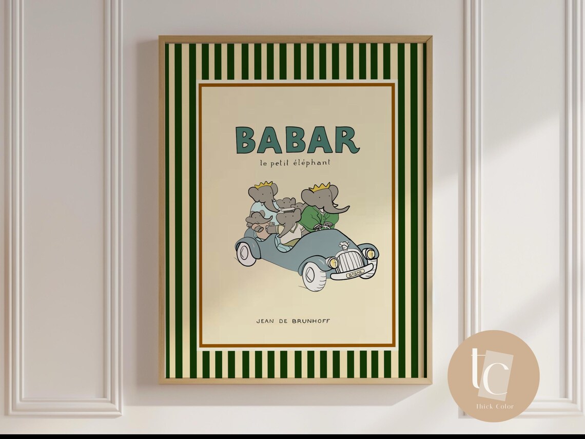 Babar The Elephant In Car Nursery Art Print, Retro