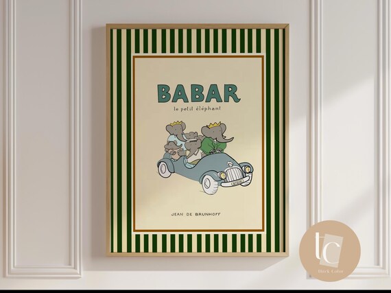 Babar The Elephant In Car Nursery Art Print, Retro